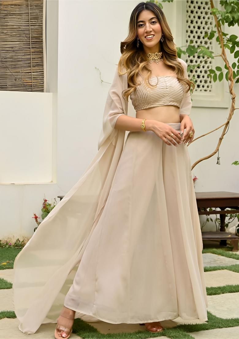 Beige Embroidered Blended Fusion Set - Indya