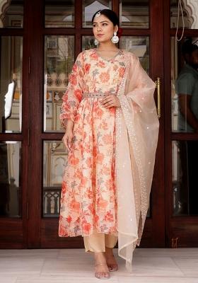 Cream Print And Embroidered Organza Anarkali Set