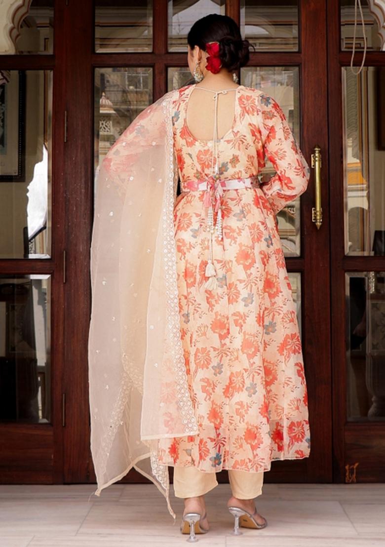 Cream Print And Embroidered Organza Anarkali Set - Indya