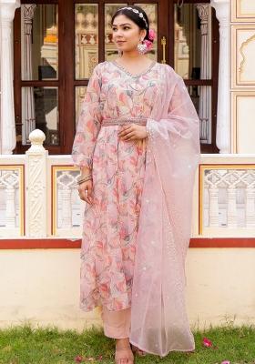 White Print And Embroidered Organza Anarkali Set