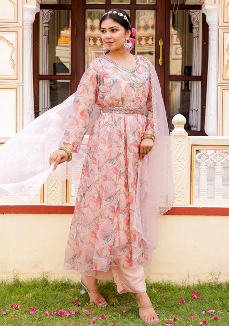 White Print And Embroidered Organza Anarkali Set - Indya