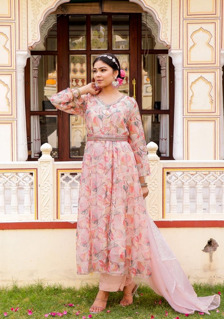 White Print And Embroidered Organza Anarkali Set - Indya