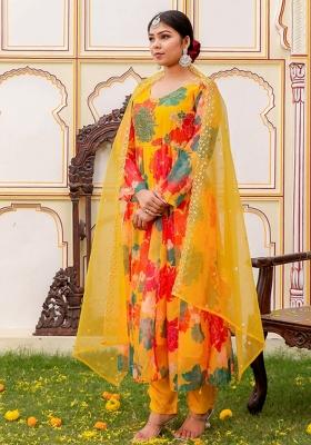 Mustard Print And Embroidered Organza Anarkali Set