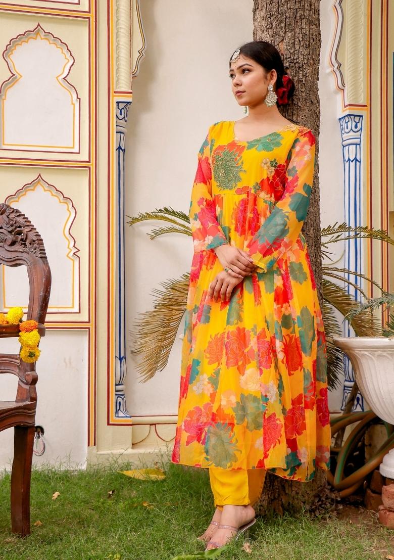 Mustard Print And Embroidered Organza Anarkali Set - Indya