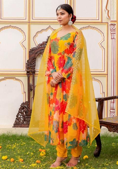 Mustard Print And Embroidered Organza Anarkali With Dupatta
