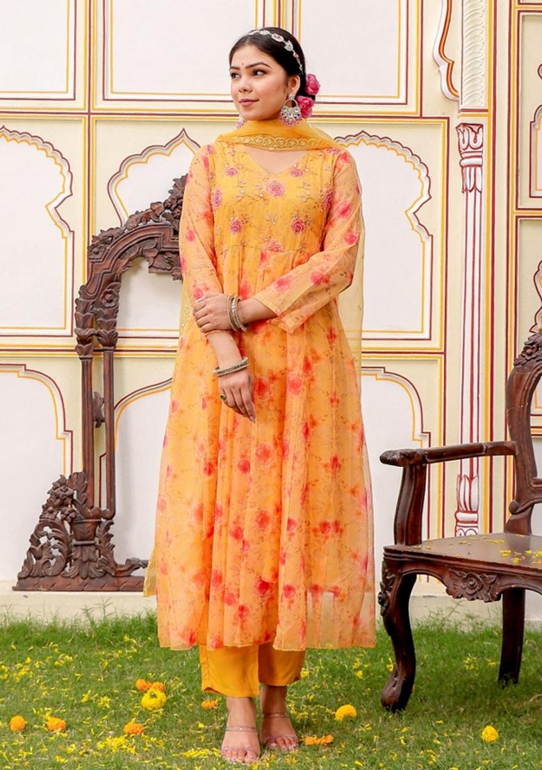 Yellow Print And Embroidered Organza Anarkali Set - Indya