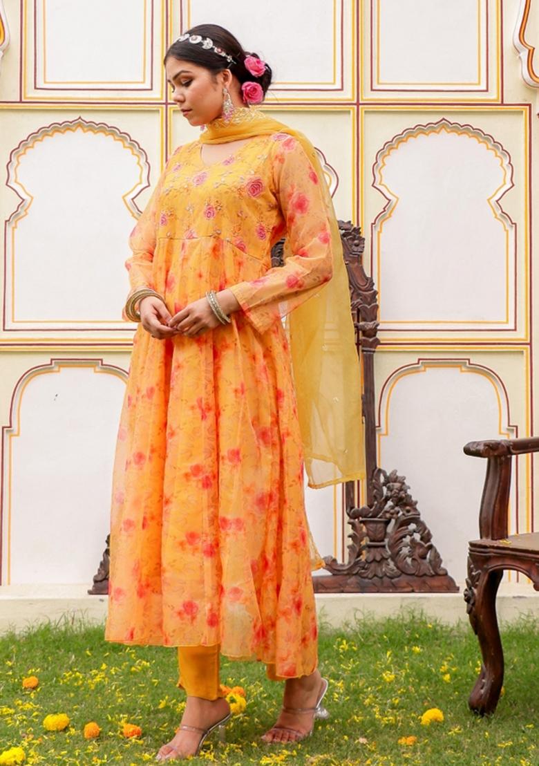 Yellow Print And Embroidered Organza Anarkali Set - Indya