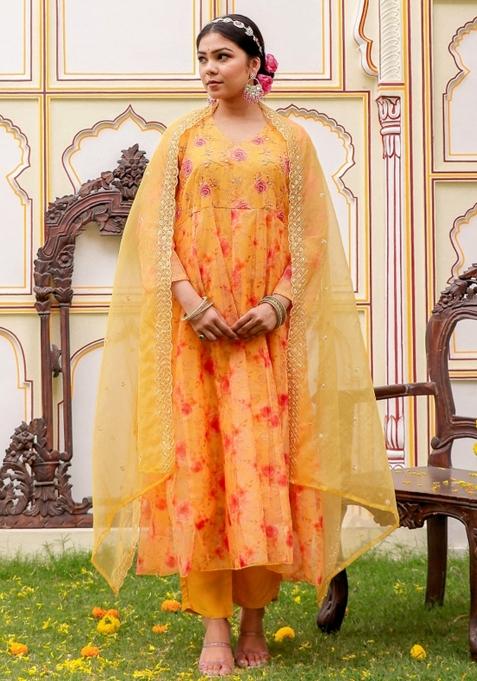 Yellow Print And Embroidered Organza Anarkali With Dupatta