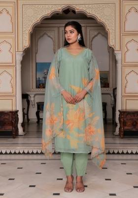 Teal Green Print And Embroidered Tabby Silk Suit Set