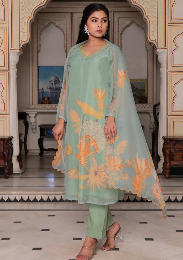 Teal Green Print And Embroidered Tabby Silk Suit Set - Indya