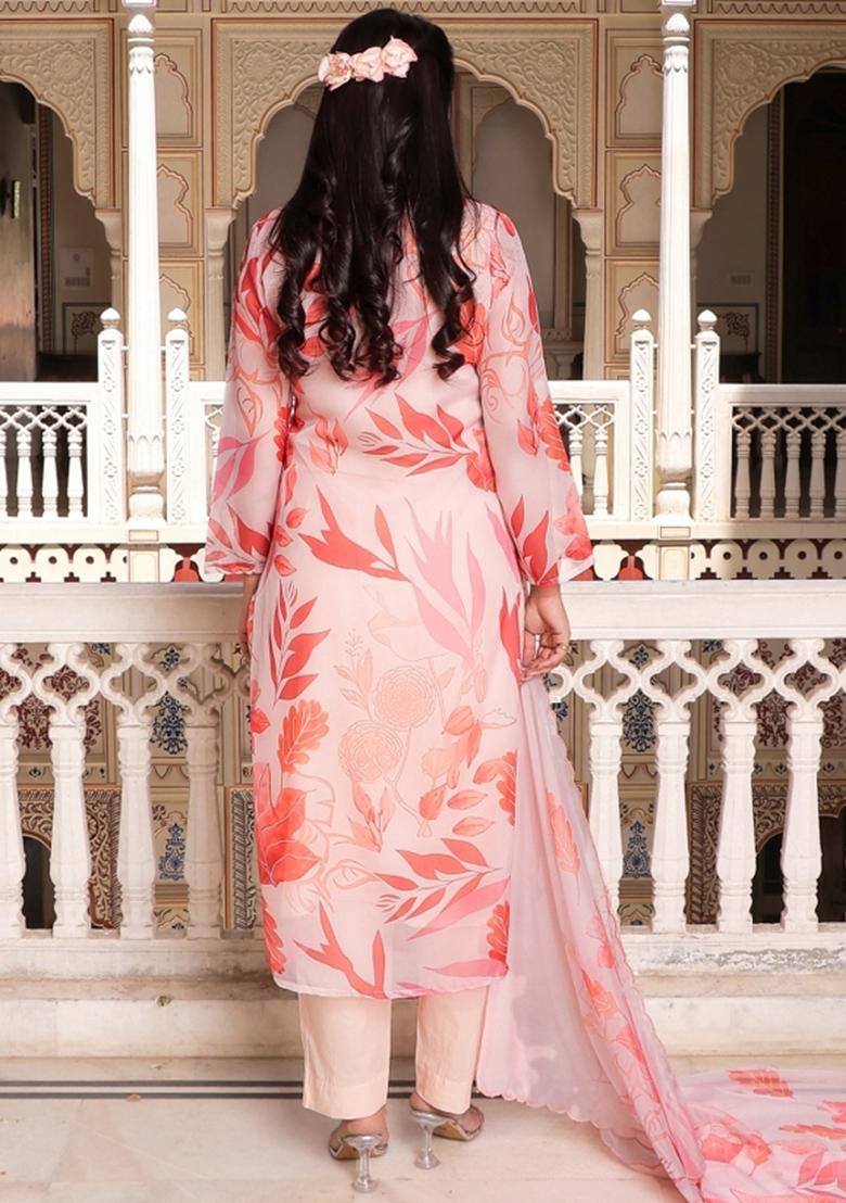 Peach Print And Embroidered Tabby Silk Suit Set - Indya