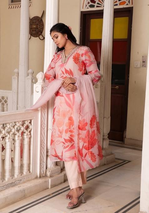 Peach Print And Embroidered Tabby Silk Suit Set