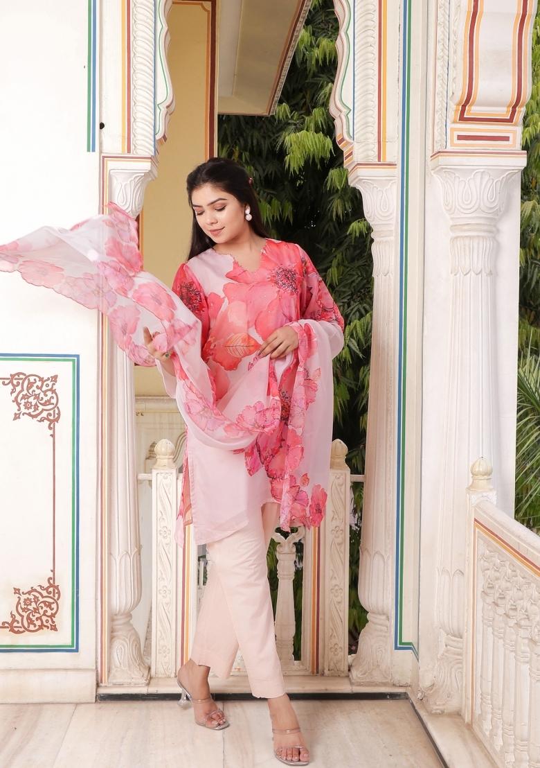 Ivory Print And Embroidered Tabby Silk Suit Set - Indya