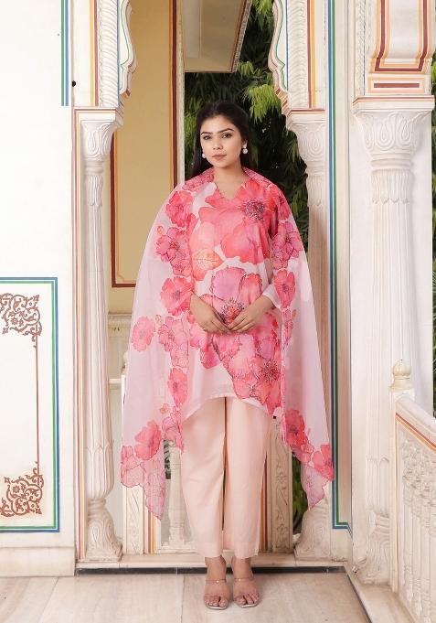 Ivory Print And Embroidered Tabby Silk Suit Set