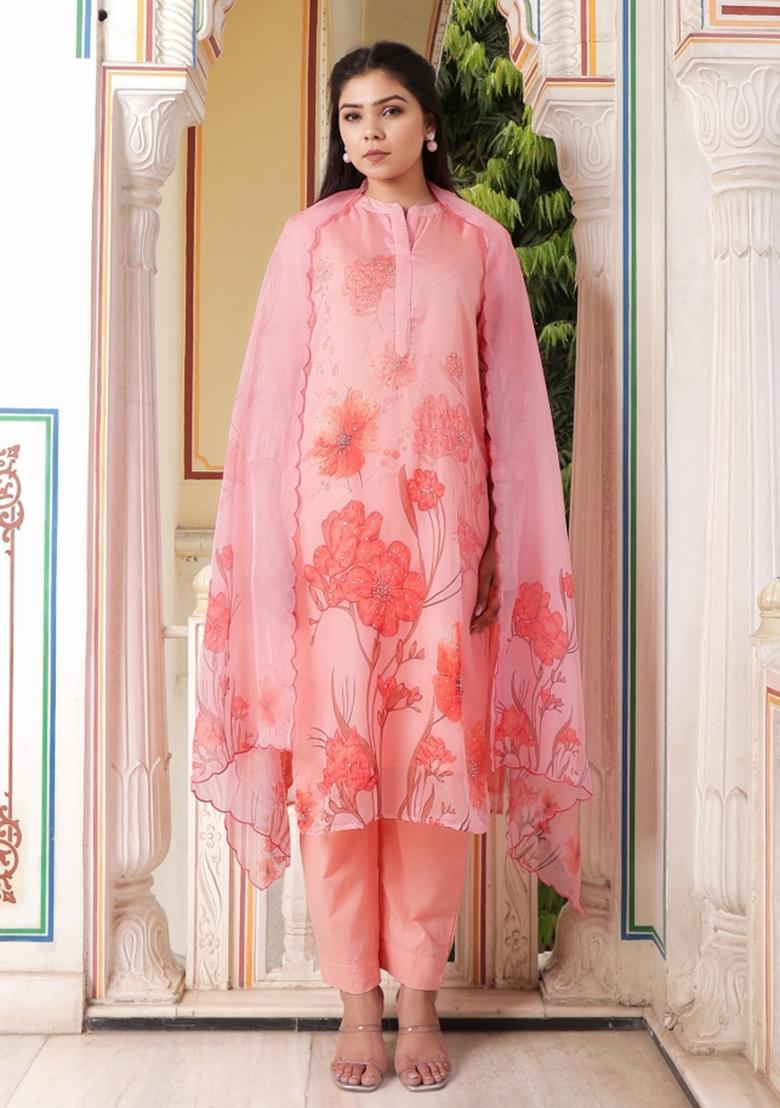 Pink Print And Embroidered Tabby Silk Suit Set - Indya
