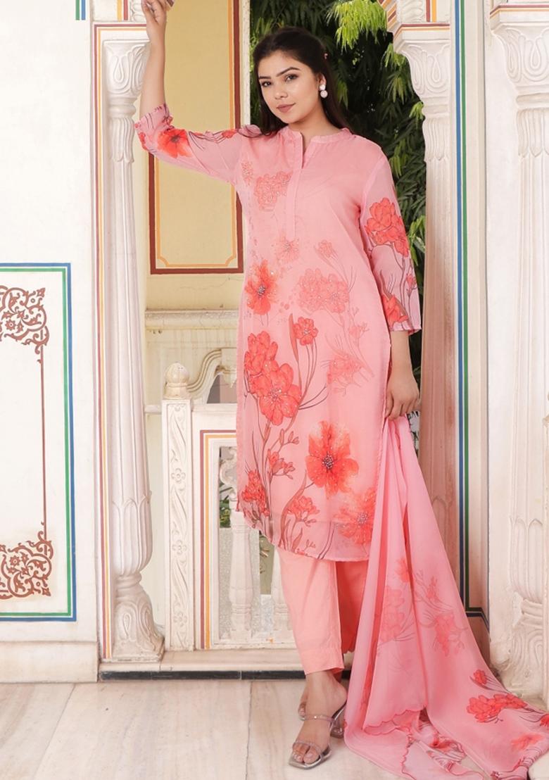 Pink Print And Embroidered Tabby Silk Suit Set - Indya