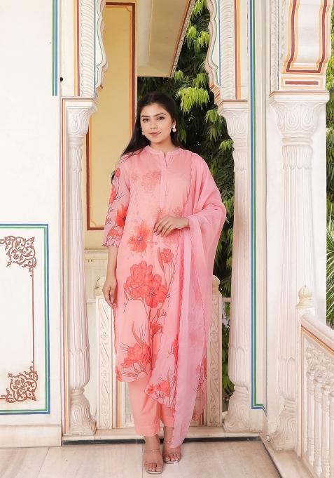 Pink Print And Embroidered Tabby Silk Suit Set