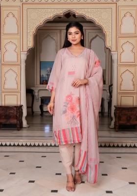 Beige Print And Embroidered Tabby Silk Suit Set