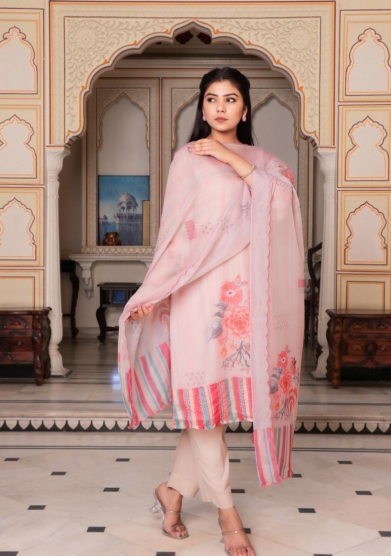 Beige Print And Embroidered Tabby Silk Suit Set - Indya