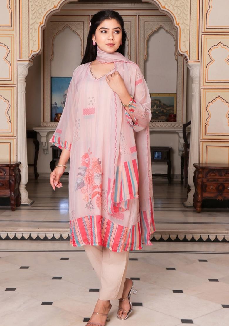 Beige Print And Embroidered Tabby Silk Suit Set - Indya