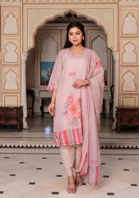 Beige Print And Embroidered Tabby Silk Suit Set