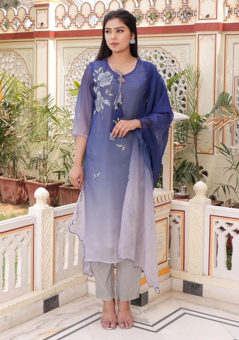 Blue Print And Embroidered Tabby Silk Suit Set - Indya