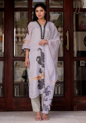 Grey Print And Embroidered Tabby Silk Suit Set