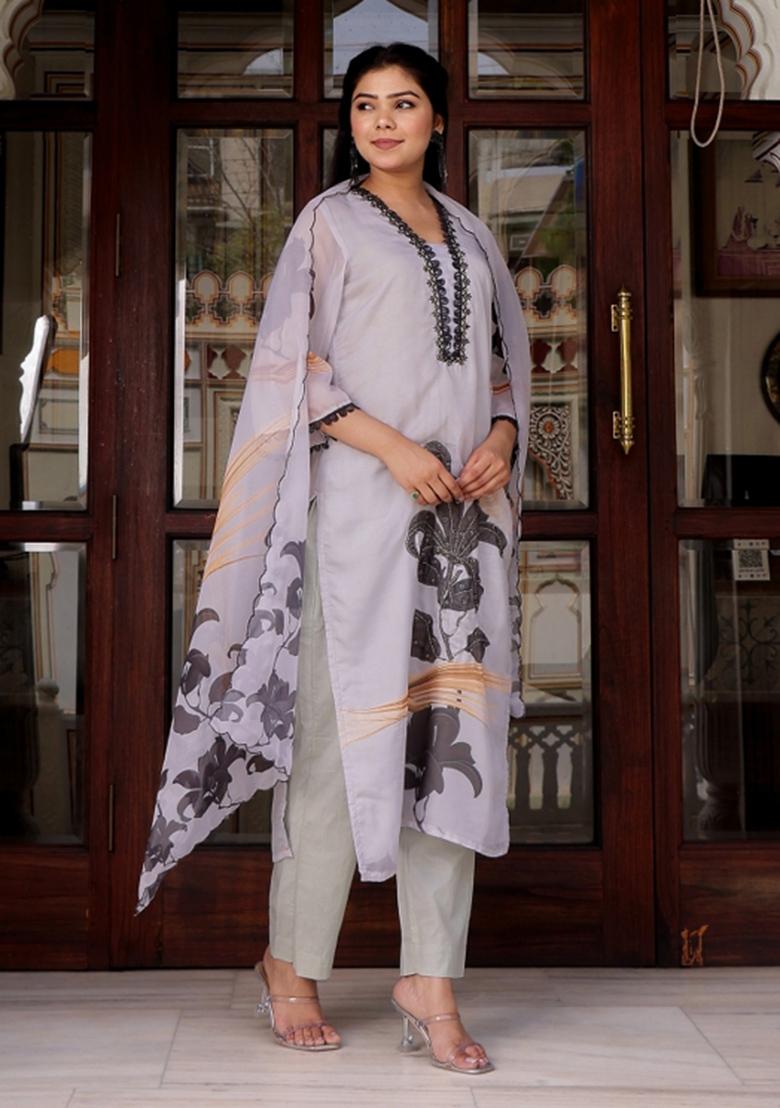 Grey Print And Embroidered Tabby Silk Suit Set - Indya