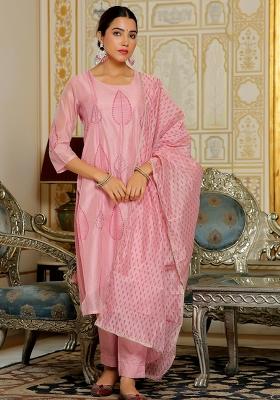 Pink Thread Work Chanderi Suit Set