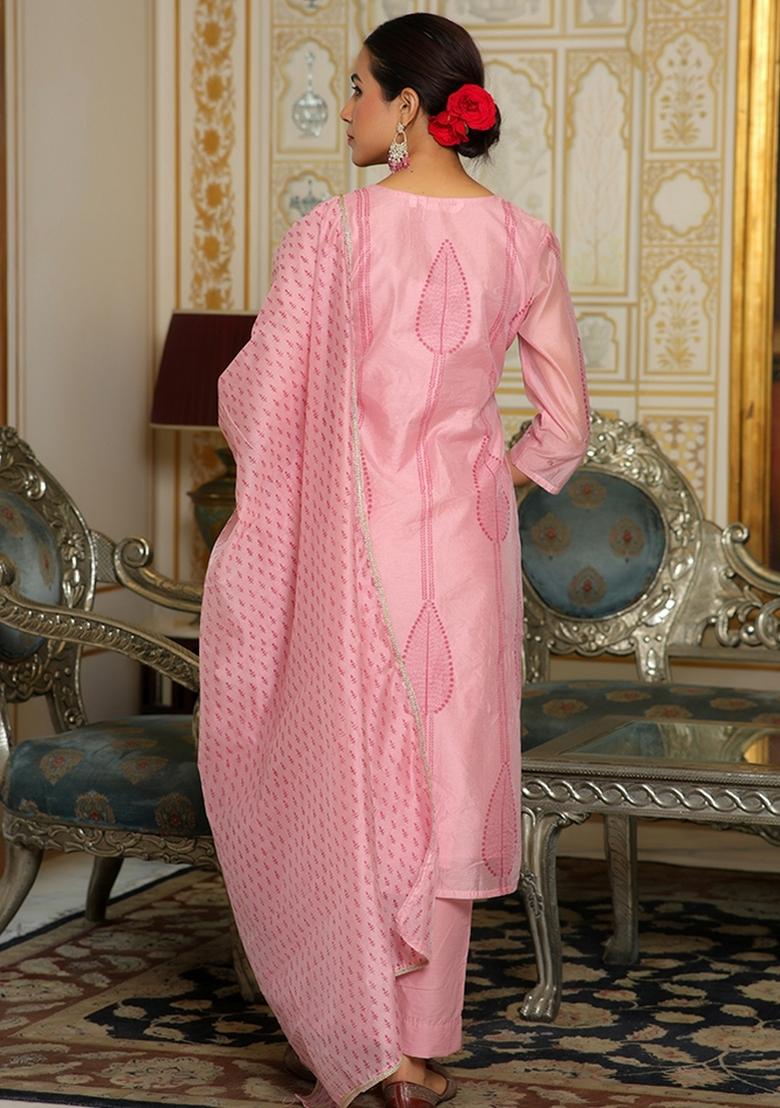 Pink Thread Work Chanderi Suit Set
