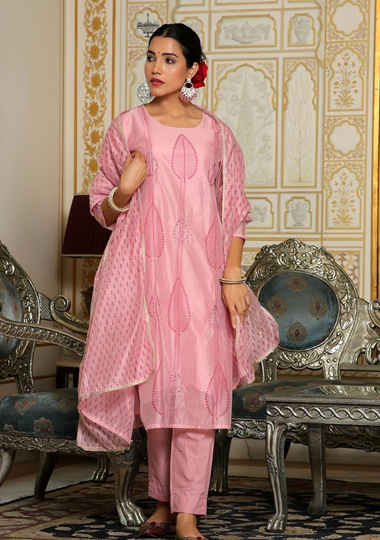 Pink Thread Work Chanderi Suit Set - Indya