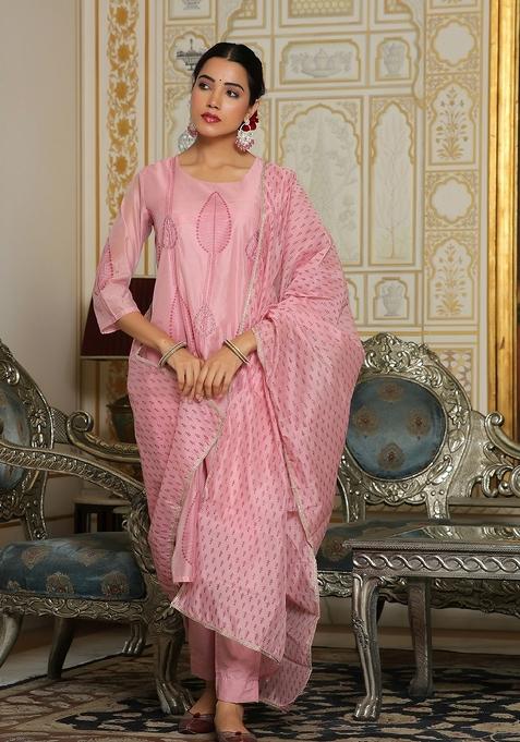 Pink Thread Work Chanderi Suit Set