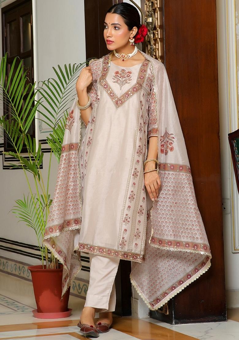 Grey Gota Patti Chanderi Suit Set - Indya