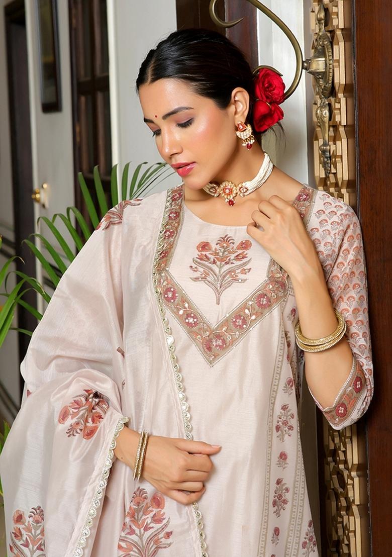 Grey Gota Patti Chanderi Suit Set - Indya