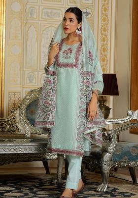 Teal Zari Work Chanderi Suit Set