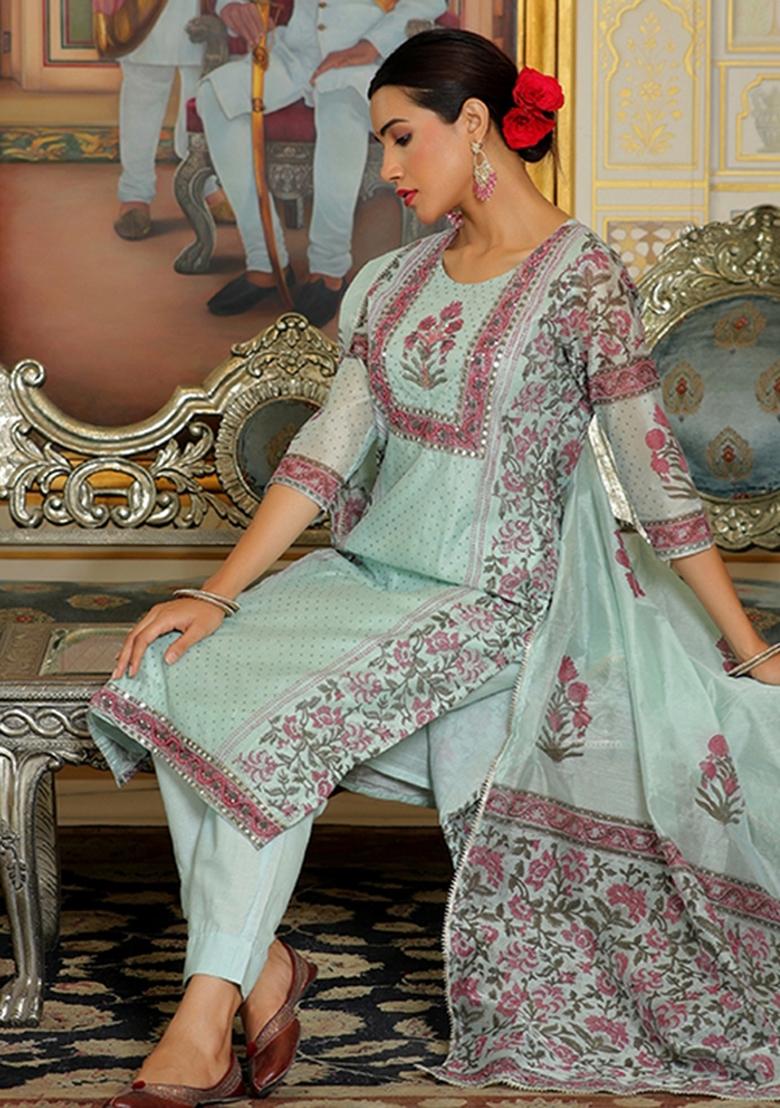 Teal Zari Work Chanderi Suit Set - Indya