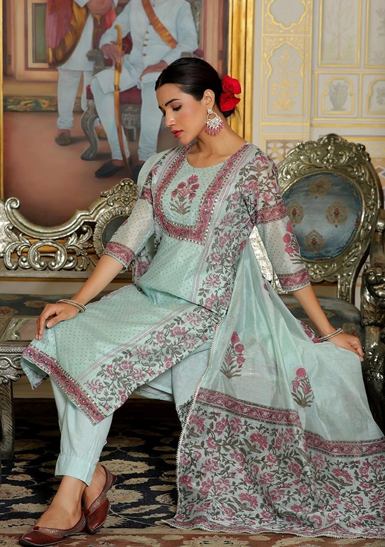 Teal Zari Work Chanderi Suit Set
