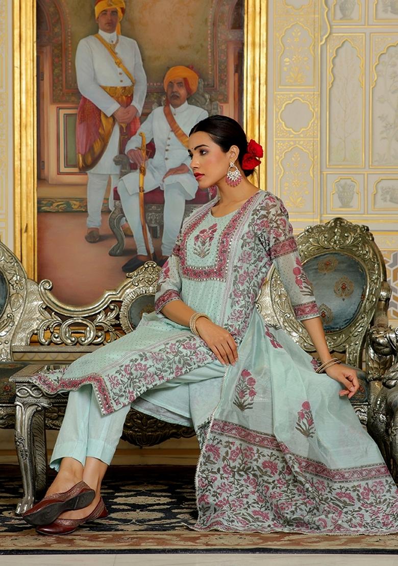 Teal Zari Work Chanderi Suit Set - Indya