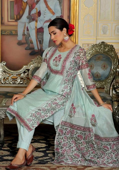 Teal Zari Work Chanderi Suit Set