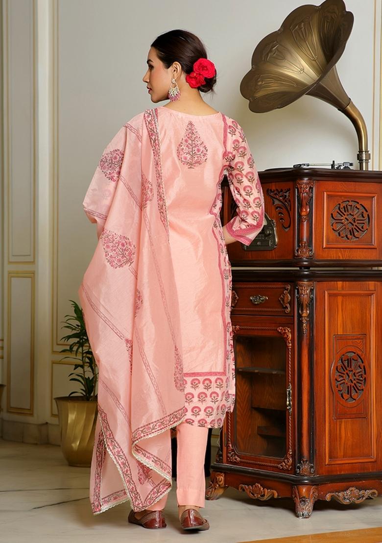 Orange Mirror Work Chanderi Suit Set