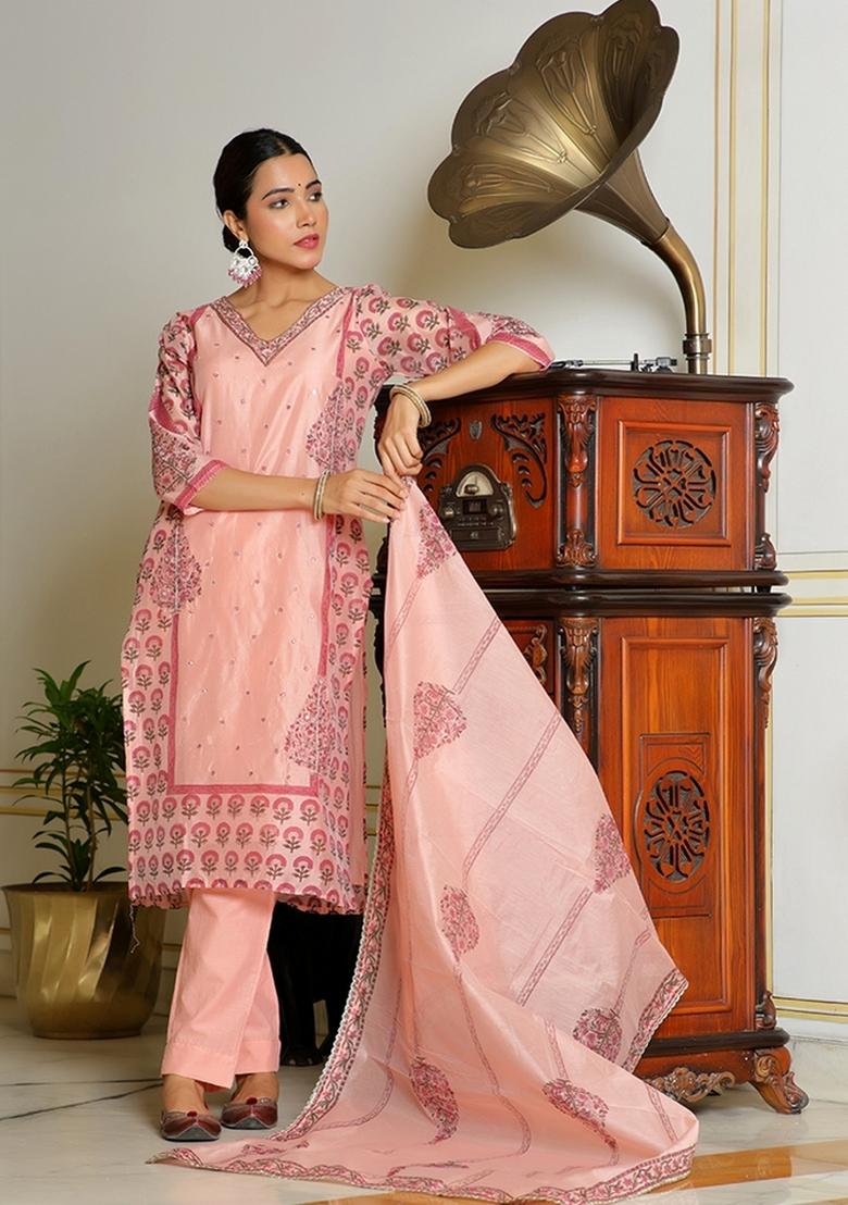 Orange Mirror Work Chanderi Suit Set - Indya