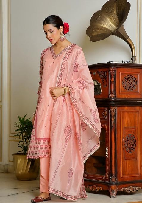 Orange Mirror Work Chanderi Suit Set