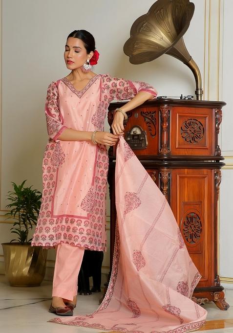 Orange Mirror Work Chanderi Suit Set