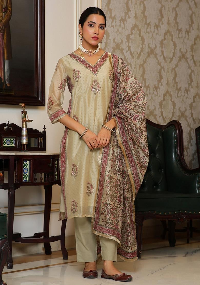 Green Zari Work Chanderi Suit Set - Indya