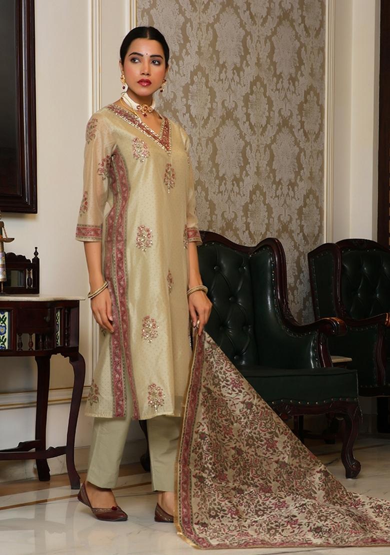 Green Zari Work Chanderi Suit Set - Indya