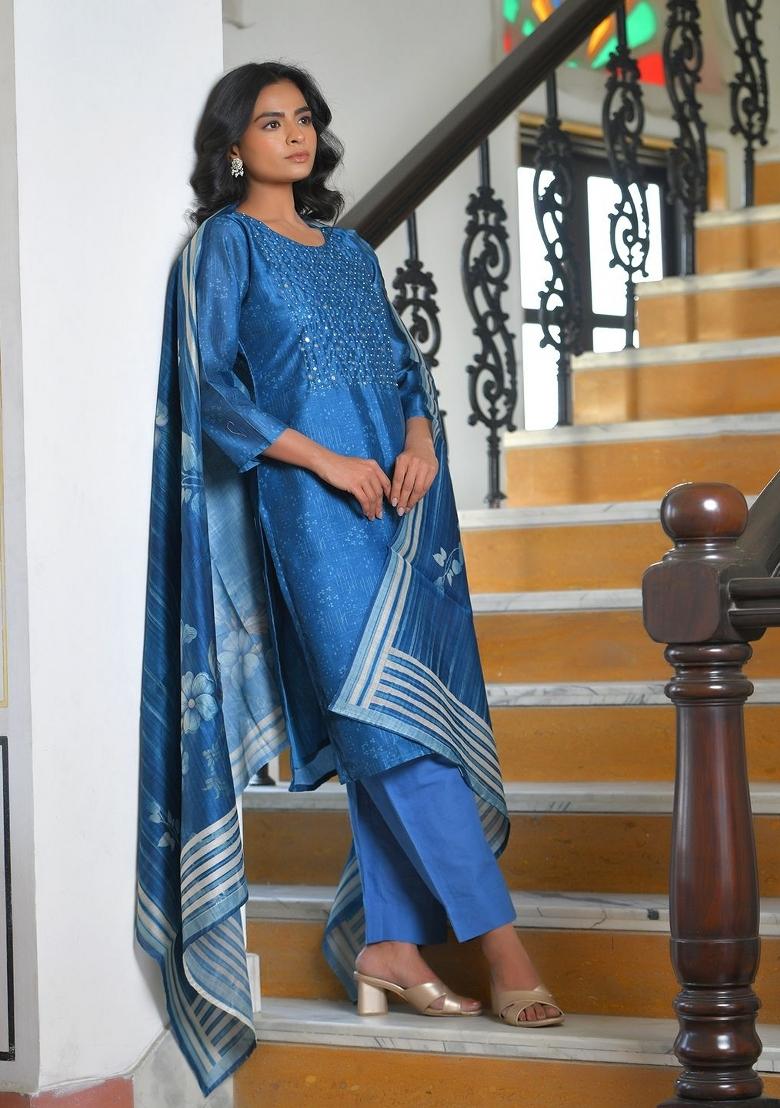 Indigo Mirror Work Muslin Suit Set - Indya