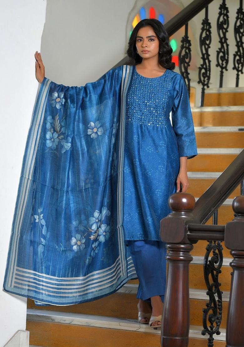Indigo Mirror Work Muslin Suit Set - Indya