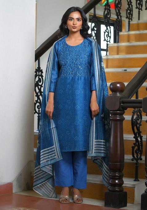 Indigo Mirror Work Muslin Suit Set