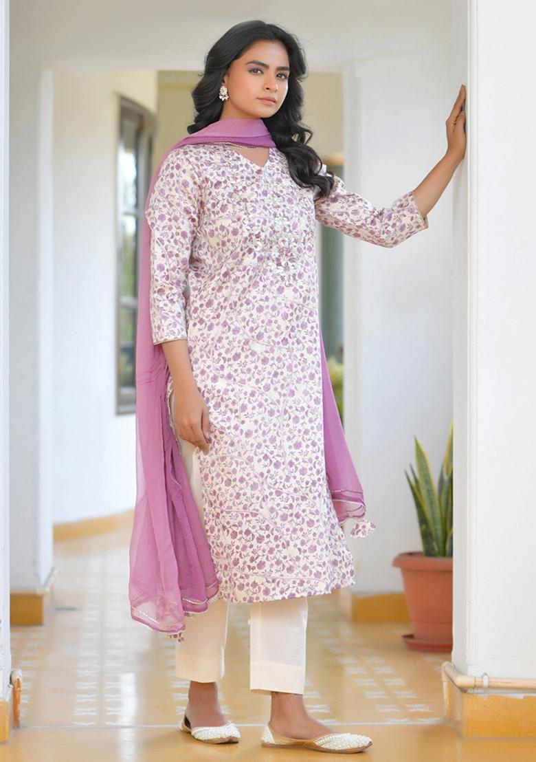 Cream Dori Work Cotton Suit Set - Indya