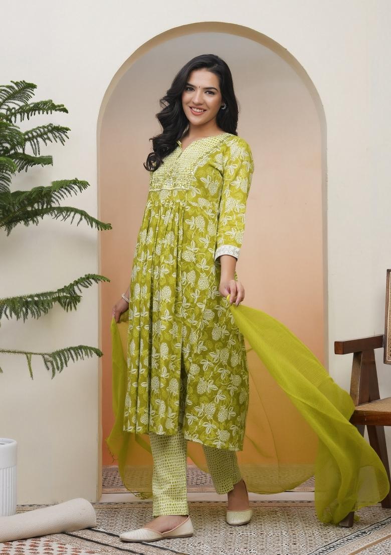 Green Mirror Work Cotton Suit Set - Indya